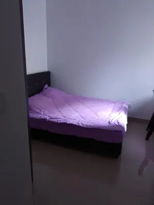 a small bed in a room with purple sheets at Cold house in Cameron Highlands