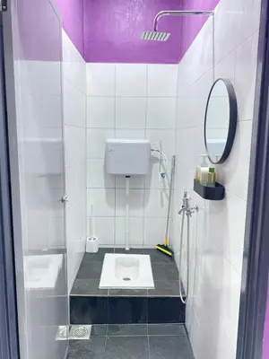 a small bathroom with a toilet and a mirror at AISY HOMESTAY - Rumah 2 atau 3 in Kampong Tanjong Karang