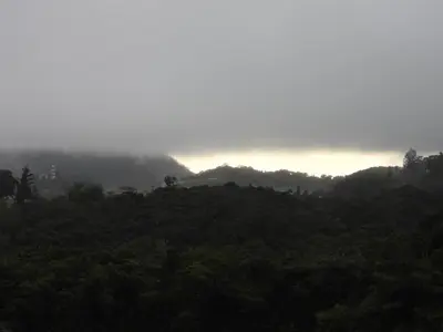 a misty view of a forest with a river in the background at The Gladiator Homstay in Brinchang