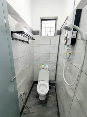 a small bathroom with a toilet and a shower at (New)Jovial Cozy&Stylish House 4Room@BM Sri Rambai in Bukit Mertajam