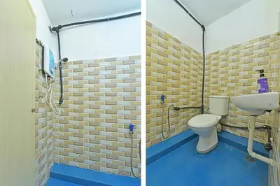 two pictures of a bathroom with a toilet and a shower at F Hotel Bayan Lepas in Bayan Lepas