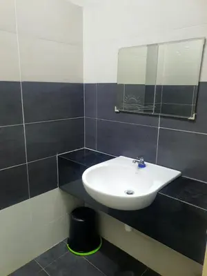 a bathroom with a white sink and a mirror at Homestay Pohon Rendang in Balik Pulau