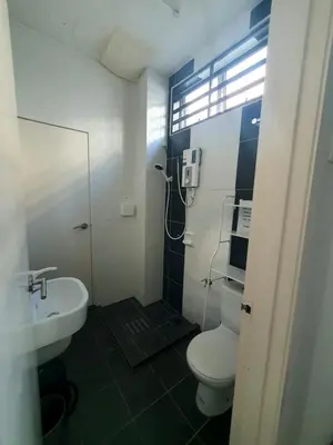 a bathroom with a shower and a toilet and a sink at Homestay Pohon Rendang in Balik Pulau