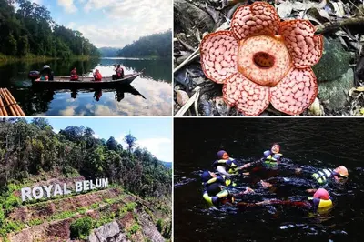 a collage of pictures of people on a raft in a river at Homestay Teacher,Perak, Gerikmist in Gerik