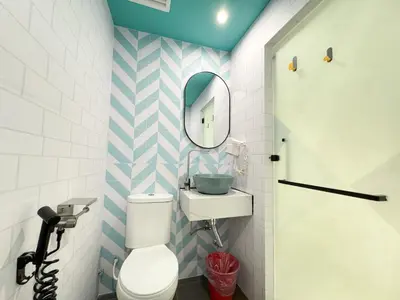 a bathroom with a white toilet and a mirror at Apple 1 Hotel Gurney in George Town