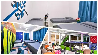 two photos of a room with two beds and tables at Penang Dream Banglo Sleeps 28 in Tanjung Bungah