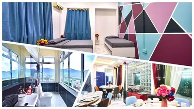 two pictures of a hotel room with a view at Penang Dream Banglo Sleeps 50 in Tanjung Bungah