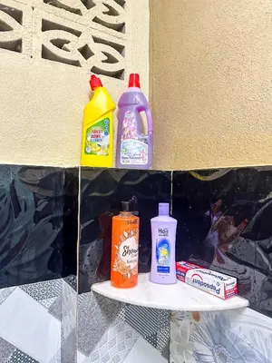 a shelf with two bottles of detergent and toothpaste at Dusun Indah Cottage 3 in Bayan Lepas