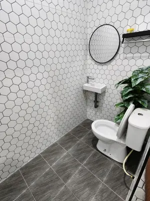 a bathroom with a toilet and a mirror and a plant at Sun Star Home by Ipoh Maju Stay in Ipoh