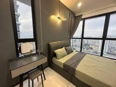 a bedroom with a desk and a bed with a window at New Brand KTV SET, Netflix, 3 Queen Bed High Floor in Jelutong