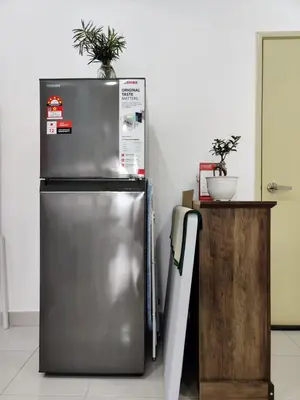 a stainless steel refrigerator with two plants on top of it at Hygge Living Kampar II (Near UTAR) in Kampar