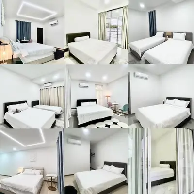 a collage of four pictures of a bedroom at Three Homestay in Perai