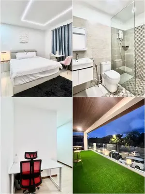 a collage of photos of a hotel room at Three Homestay in Perai