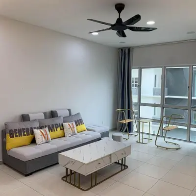 a living room with a couch and a ceiling fan at Sekinchan Simple Love SeaHouse - PaddyView 8-7A in Sekincan
