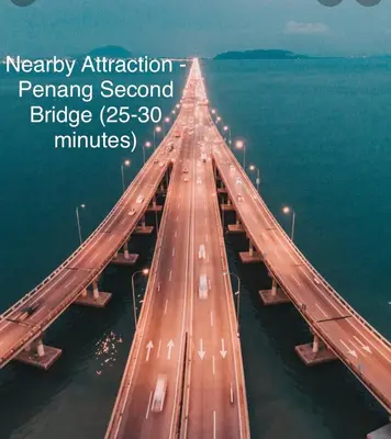 a rendering of a bridge with the words nearby attraction spanning second bridge at Cozy39#6pax#netflix#jpnstyle#NearAlma#5kmtoIconCity#BM in Bukit Mertajam