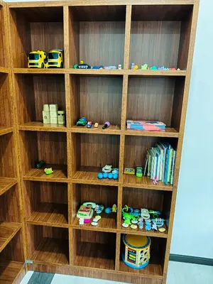 a wooden book shelf filled with lots of toys at Maxwell Merpati Taiping Homestay in Kamunting