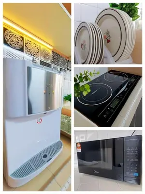 a collage of four pictures of appliances in a kitchen at Decozy Ten Ipoh Bercham 13 pax Plus in Ipoh