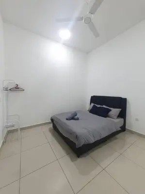a bed in a white room with a ceiling at Southbay Seaview Condo A16 #10minQueensbay #15minSPICE in Bayan Lepas