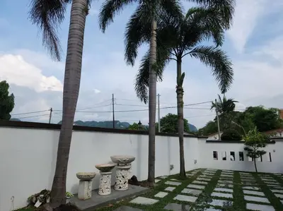 a courtyard with palm trees and a white wall at Tambun lost world luxury villa 5BR/20 pax/mahjong/karaok/bbq/garden events in Tambun