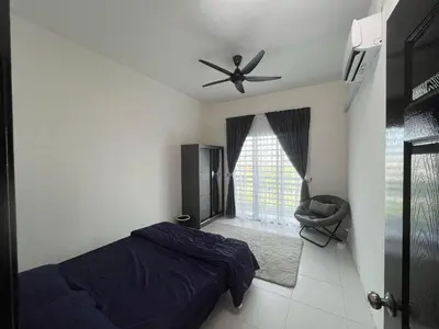 a bedroom with a bed and a ceiling fan at MamaShy Homestay Manjung -FREE WIFI- in Seri Manjung