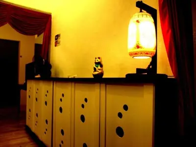 a table with a lamp and a cat sitting on top of it at Fang Zu Ming Concept Guesthouse in Ayer Itam