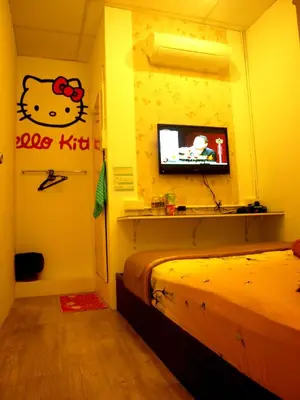 a bedroom with a bed and a tv on a wall at Fang Zu Ming Concept Guesthouse in Ayer Itam
