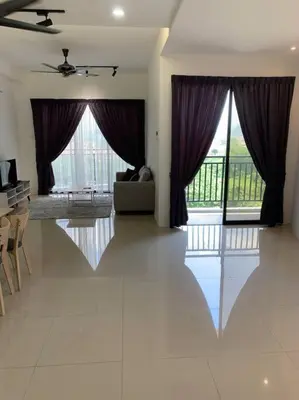 a living room with purple drapes and a table and chairs at Modern Lux Suite, The Cove Hillside Residence in Ipoh