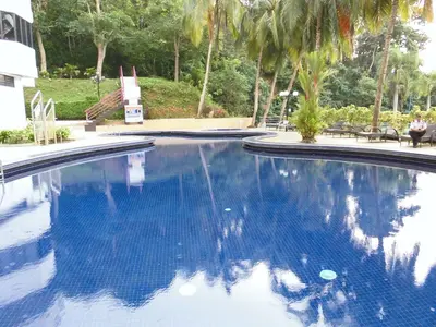 a swimming pool with blue water and palm trees at Batu Ferringhi Seaview Apartment in Batu Ferringhi