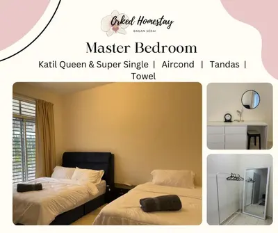 a collage of three pictures of a bedroom with two beds at Orked Homestay Bagan Serai in Bagan Serai