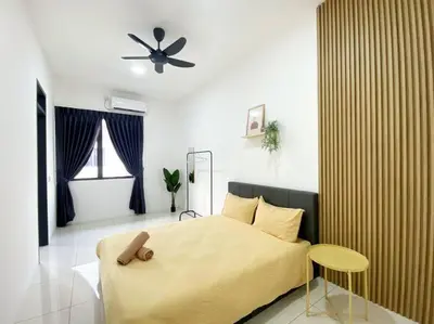 a bedroom with a bed and a ceiling fan at BrandNew Modern Cozy House@ALMA NEAR JUSCO in Bukit Mertajam