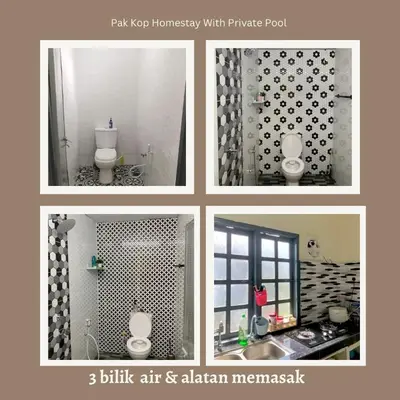 a collage of four pictures of a bathroom at ISLAMIC Pak Kop Homestay with private pool in Nibung Tebal