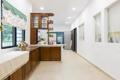 a kitchen with a sink and a large window at 35 Home4Stay Tanjong Bungalow Wedding BBQ Near Beach restaurant in Tanjung Bungah