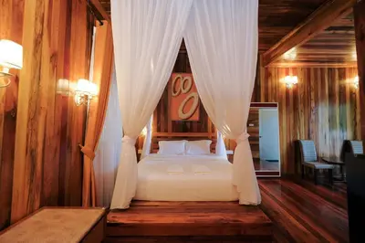 a bedroom with a canopy bed with white curtains at Woodcookies Guesthouse in Pangkor