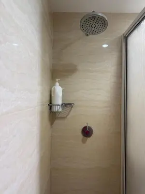 a shower with a bottle on a shelf in a bathroom at Seaview - Sri Sayang in Batu Ferringhi