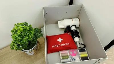 a box with a first aid kit and a plant at Noordin ClanJetties Komtar Heritage Studio - E in George Town