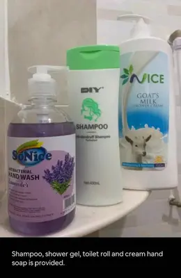 a shelf with bottles of cleaning products on it at Pillow Talk 3 Hours Room in Bukit Mertajam