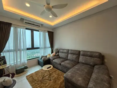 a living room with a couch and a large window at Sky Suite Meritus Residence in Perai in Perai