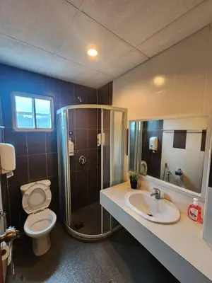 a bathroom with a toilet and a shower and a sink at Iris Bougainvillea Cameron's in Tanah Rata