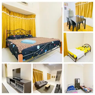 a collage of photos of a bedroom and a bed at No 115 Homestay Tasik Raban Lenggong in Kampong Kuala Chegar