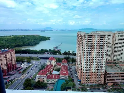 an aerial view of a city and a large body of water at Large Familystay 3BR Stunning Sea & City-view, Georgetown in Jelutong