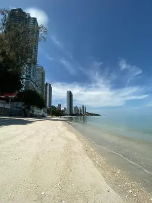 a sandy beach with buildings in the background at Ardour Lodge 