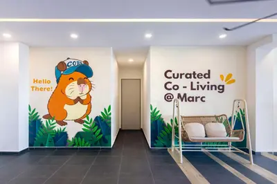 a hallway with a wall mural of a guinea hamster at Marc CoLiving by Cobytat in Bukit Mertajam