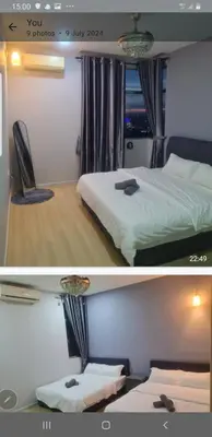 two pictures of a hotel room with a bed at Crystal Creek Taiping in Taiping