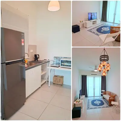 three pictures of a kitchen and a living room at Meritus Comfy 3 Bedroom with 8 Pax in Jalan Baharu