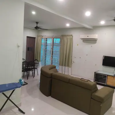a living room with a couch and a tv at WeJDAN TWO POINT O WHOLE HOUSE BUT BUDGET PARTIAL BOOKING 2ROOMS 2BATHROOMS AND NEVER MIX WITH OTHERS AND YOUR TEAM ONLY BALIK PULAU, PENANG ISLAND in Balik Pulau