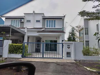a white house with a blue gate at Deandra Homestay- WiFi-Aircond-Dryer in Sungai Petani