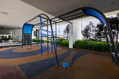 a playground in a building with a blue frame at UA19 #3BR 3 Queen Bed #Family Staycation in Jelutong