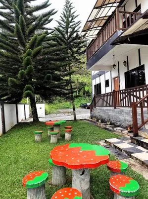 a group of picnic tables and mushrooms in a yard at Bukit Cottage - bungalow style in Tanah Rata