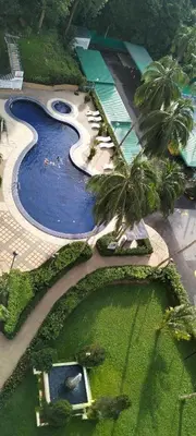 an aerial view of a swimming pool with palm trees at Bayu Emas Apartment in Batu Ferringhi