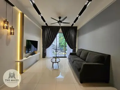 a living room with a couch and a ceiling fan at The Cove Hillside Residence Ipoh - Tranquility Vibes in Ipoh